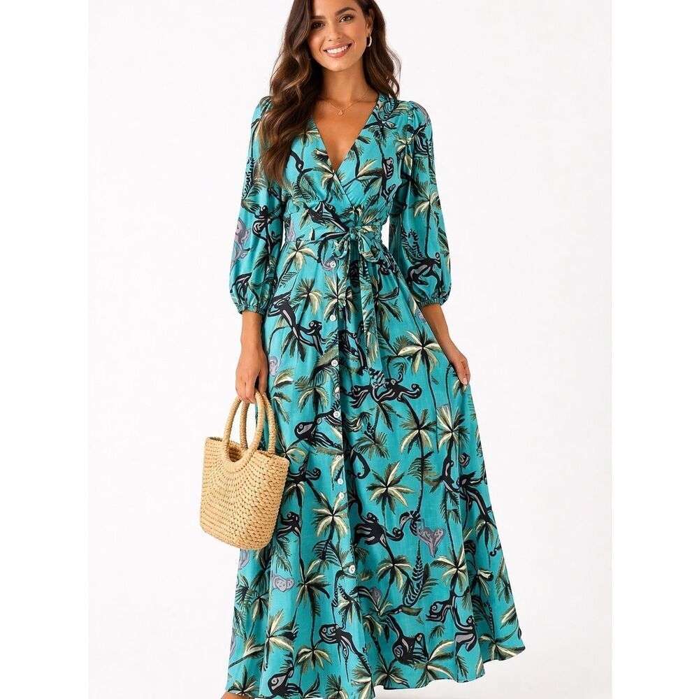 NWT Guadalupe Tropical Monkey Print Wrap Maxi Dress 🌴 Size Medium